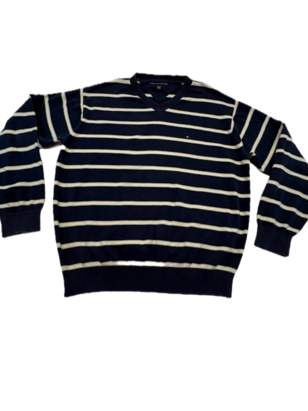 Tommy Hilfiger Men XL Striped V-Neck Sweater Navy Blue Cream Cotton
